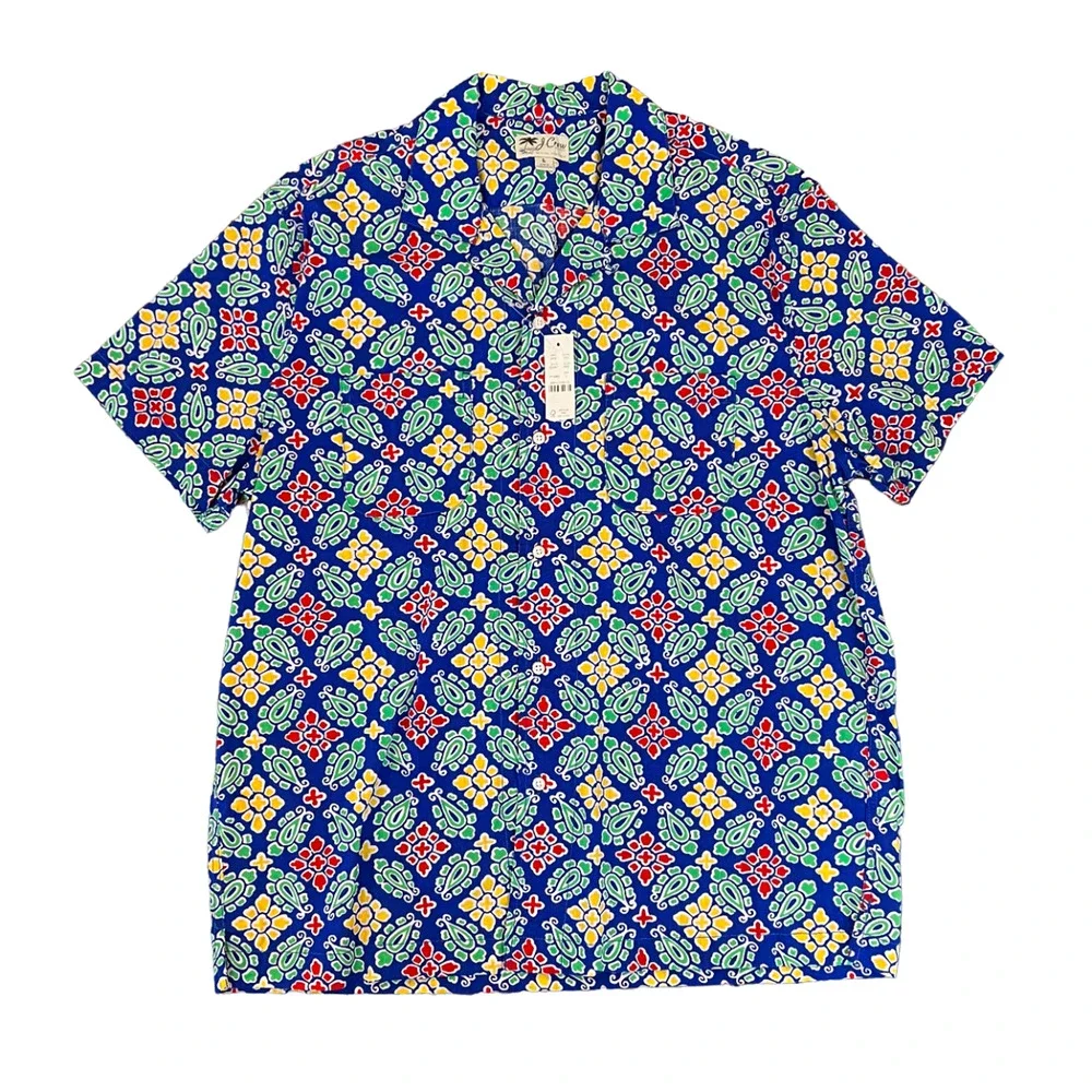NWT J. Crew Blue Floral Short-Sleeve Slub Cotton Camp-Collar Shirt - SIZE M